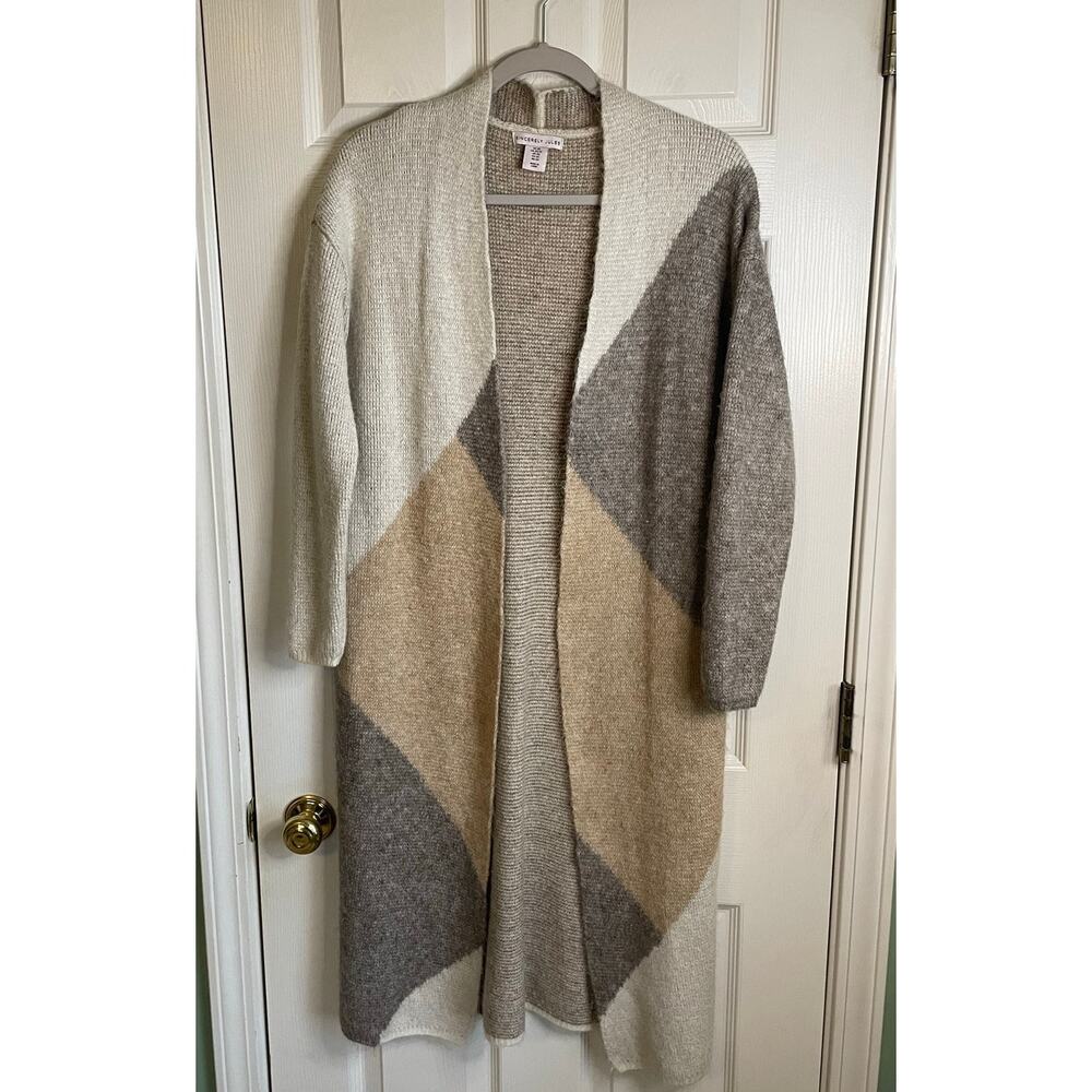 Sincerely Jules Duster Cardigan Sz XS Open Front Colorblock Tan Beige Boho Chic - Picture 9 of 10